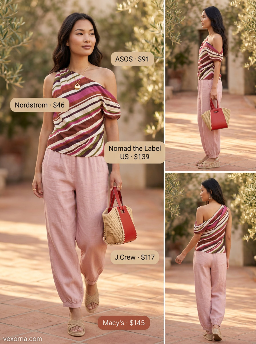 Elegant blush pink linen one shoulder top outfits for women 2026: Wide-leg pants, espadrilles for garden parties.