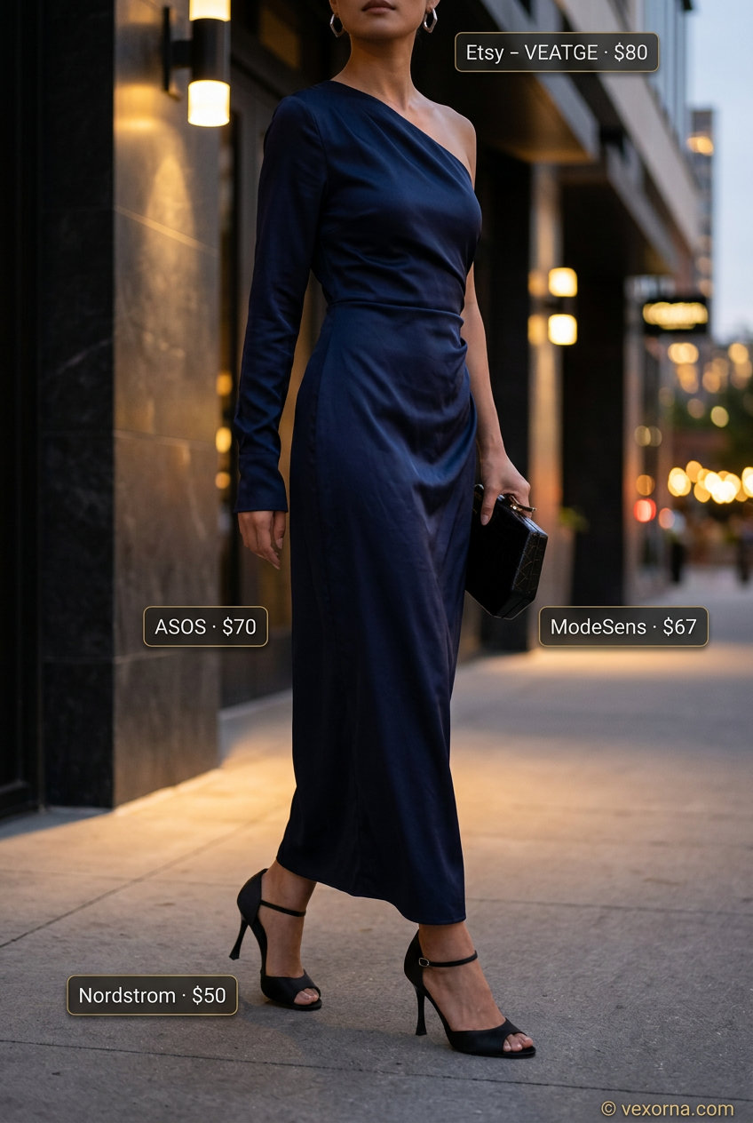 Navy one-shoulder midi dress for elegant summer outfits 2026. Sophisticated cocktail party style.