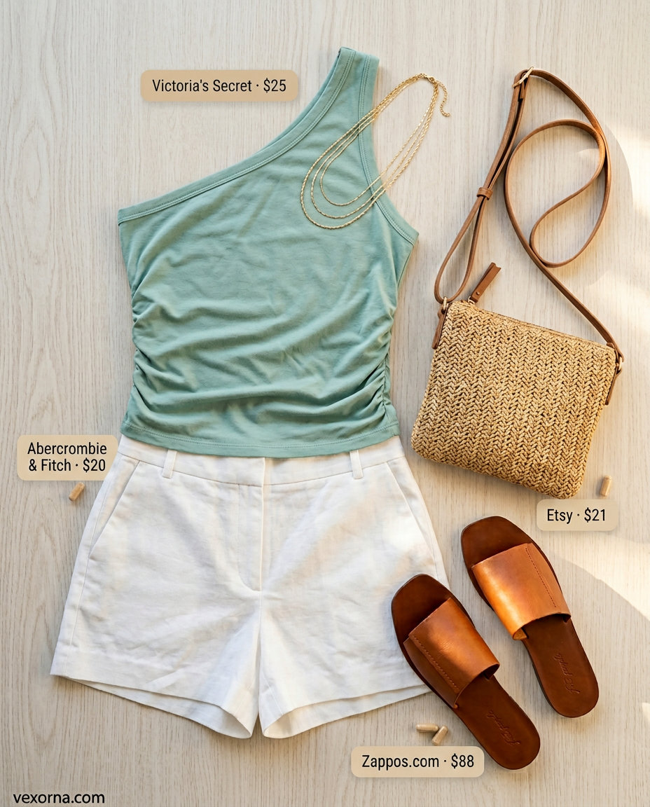 Coastal breeze summer one shoulder neck outfits for women 2026: seafoam top, white linen shorts, straw crossbody bag.