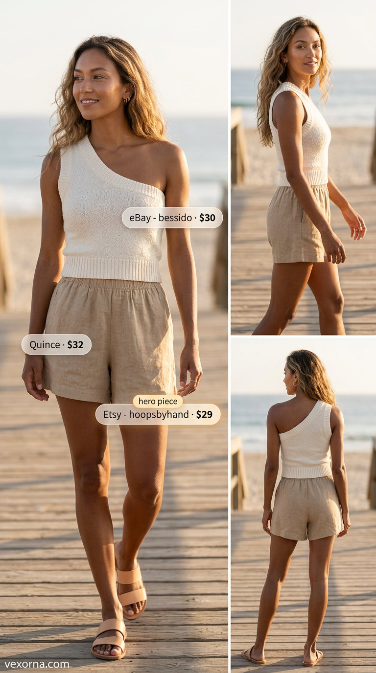 Coastal Breeze summer one shoulder neck outfits for women 2026: cream knit top, tan linen shorts, straw tote, gold earrings.