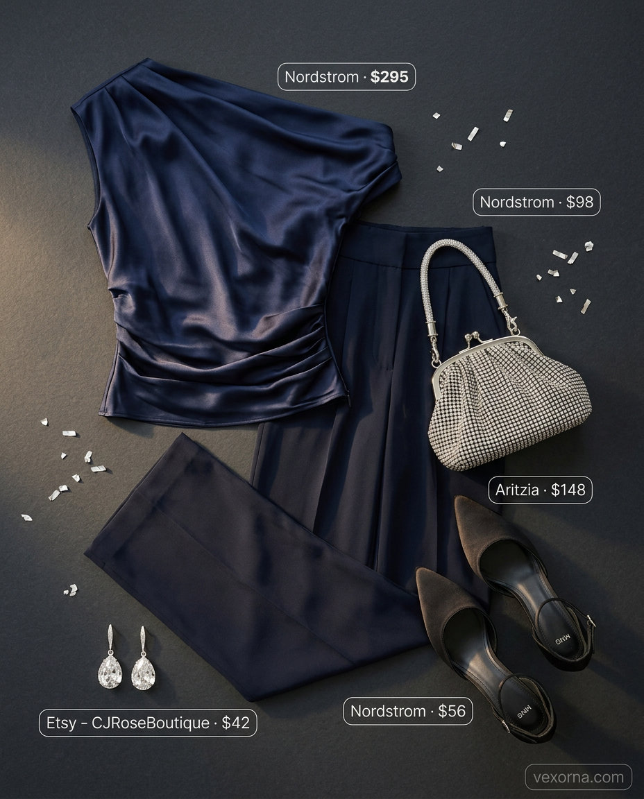 Elegant evening summer one shoulder neck outfits for women 2026: navy cowl top, black trousers, silver clutch, stiletto heels.