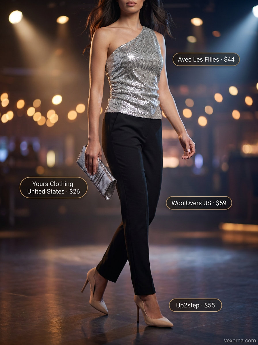 Glamorous evening summer one shoulder neck outfits for women 2026: silver sequin top, black trousers, nude heels.