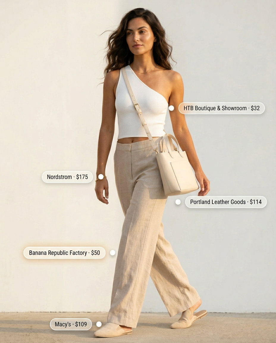 Ivory one-shoulder bodysuit with cream palazzo pants for minimalist summer outfits 2026. Chic daytime event style.