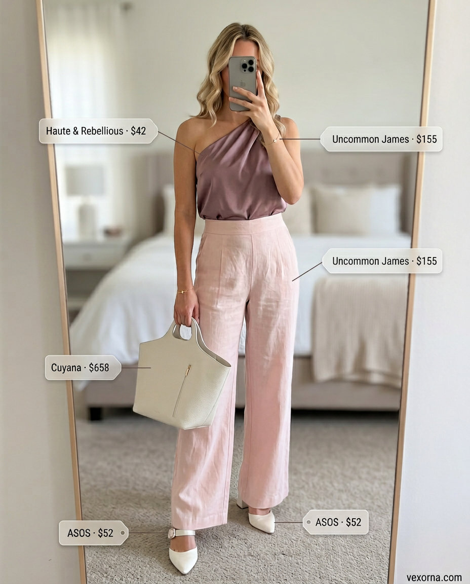 Monochromatic summer one shoulder neck outfits for women 2026: blush pink blouse, ivory trousers, block heels.