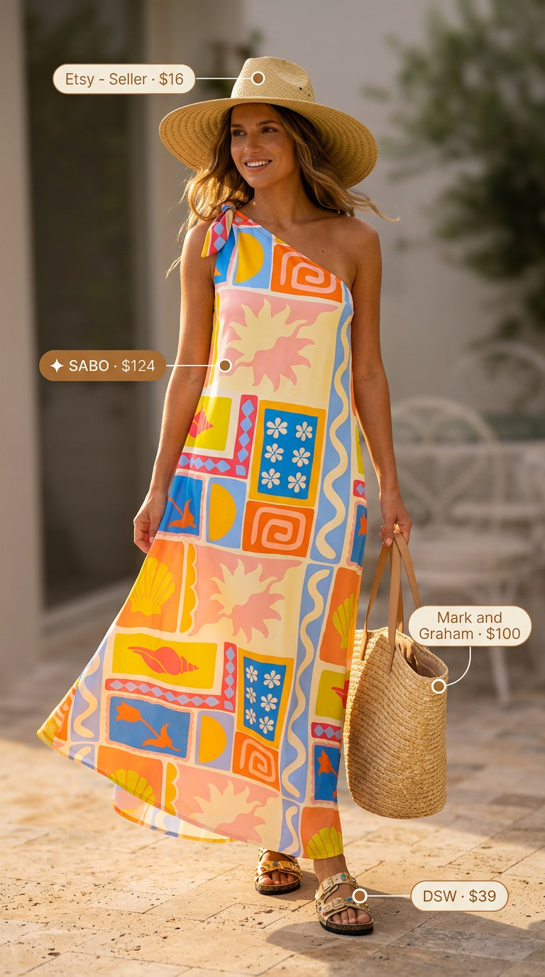 Tropical print one-shoulder maxi dress for resort summer outfits 2026. Vacation ready style.