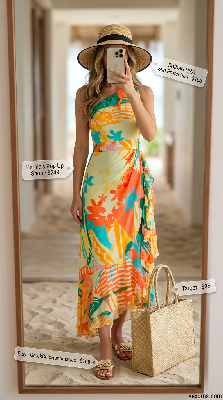 Resort ready summer one shoulder neck outfits for women 2026: abstract print kaftan, straw hat, gold slides.