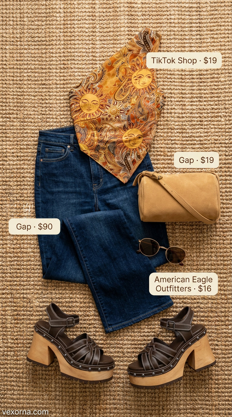 Retro Vibes one shoulder outfits for women 2026: Brown paisley top, flared jeans, platform sandals for music festivals.