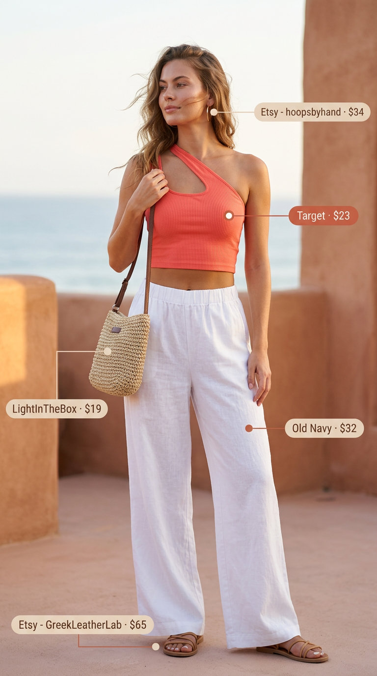 Coral one-shoulder top with white linen pants for summer evening outfits 2026. Effortless beachside dinner style.