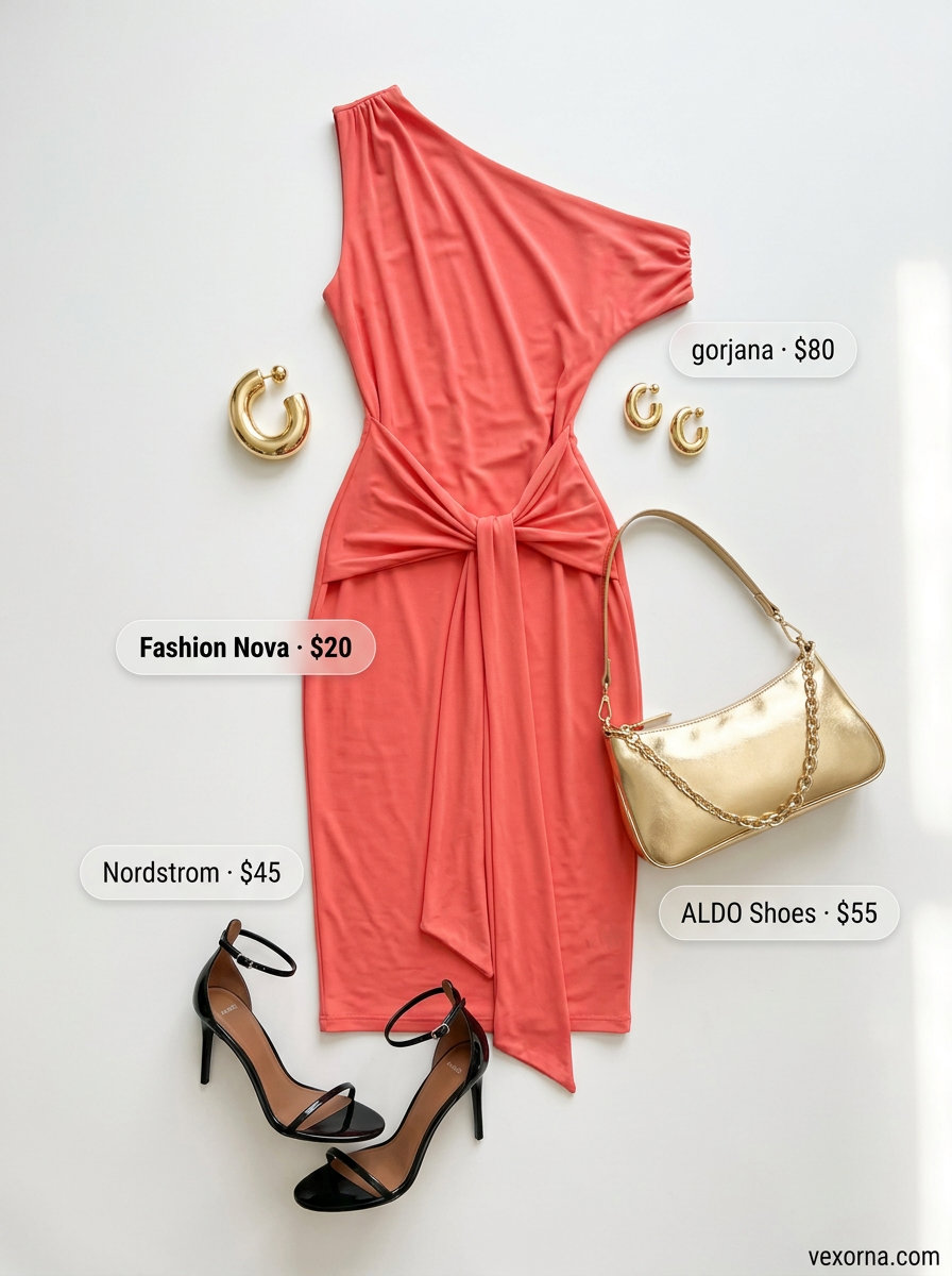 Vibrant coral one shoulder dress outfits for women 2026: Midi dress, gold hoops, and strappy heels for summer events.