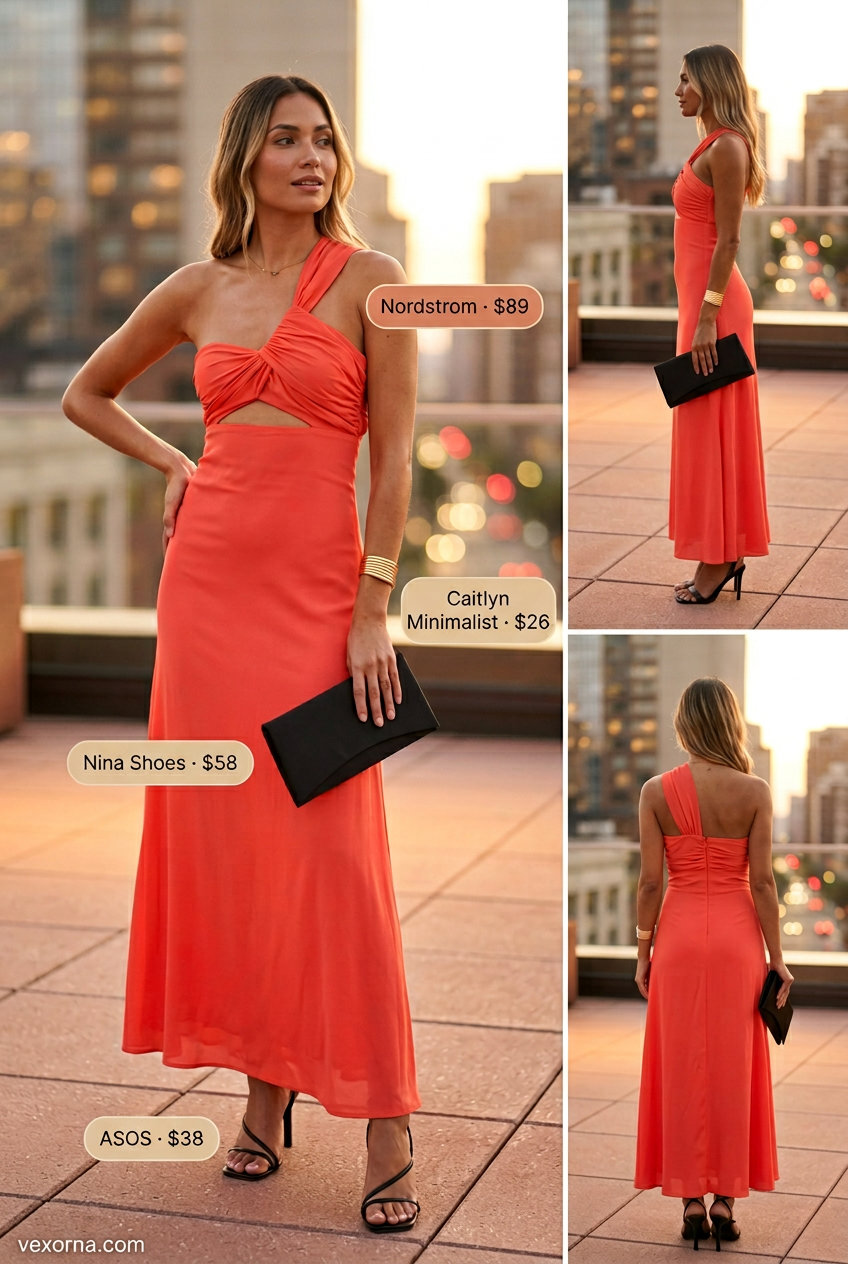 Elegant coral one shoulder maxi dress outfits for women 2026: Flowy dress, gold cuff for evening events.