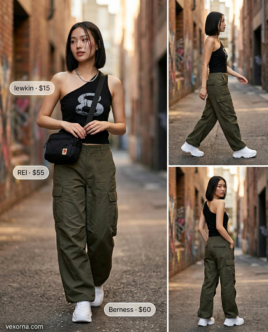 Edgy black and white one shoulder crop top outfits for women 2026: Cargo pants, platform sneakers for city exploration.