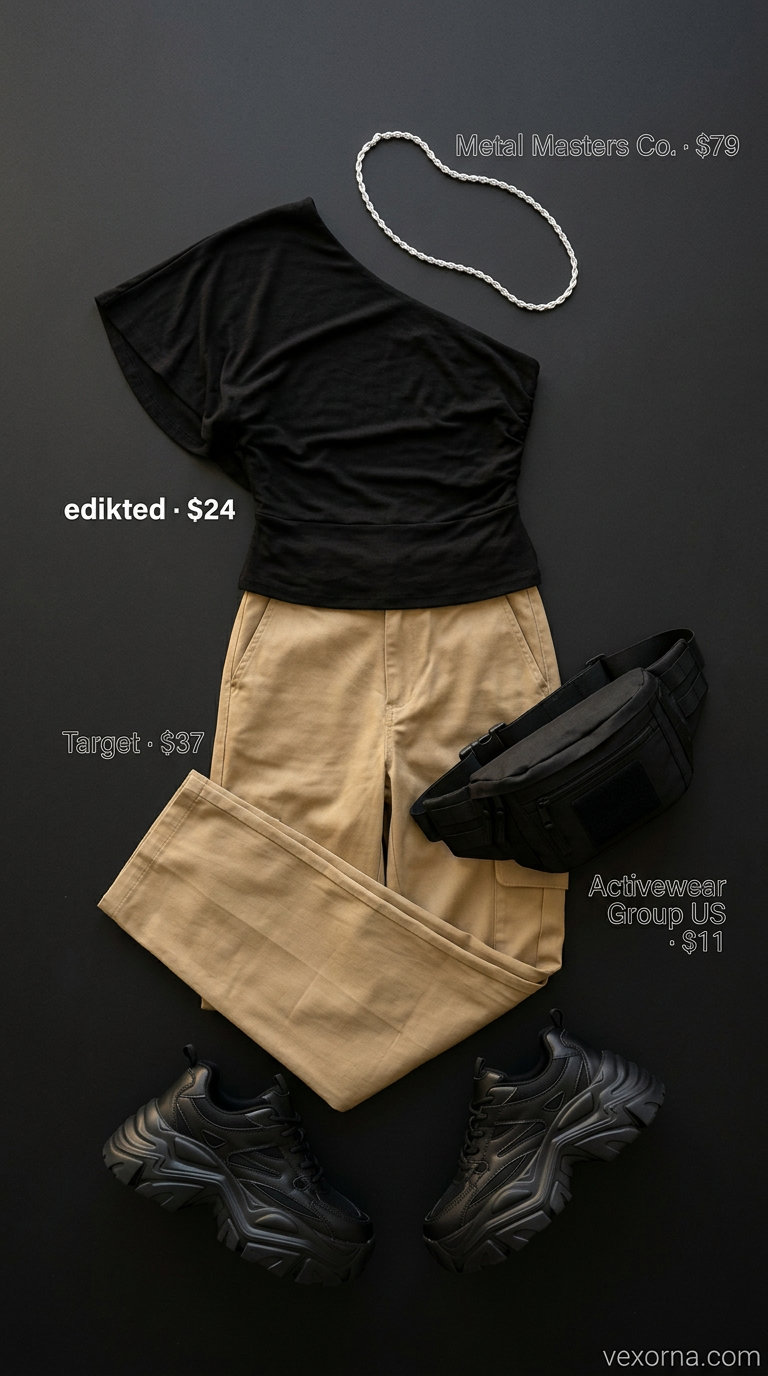 Urban explorer summer one shoulder neck outfits for women 2026: black crop top, khaki cargo pants, platform sneakers.
