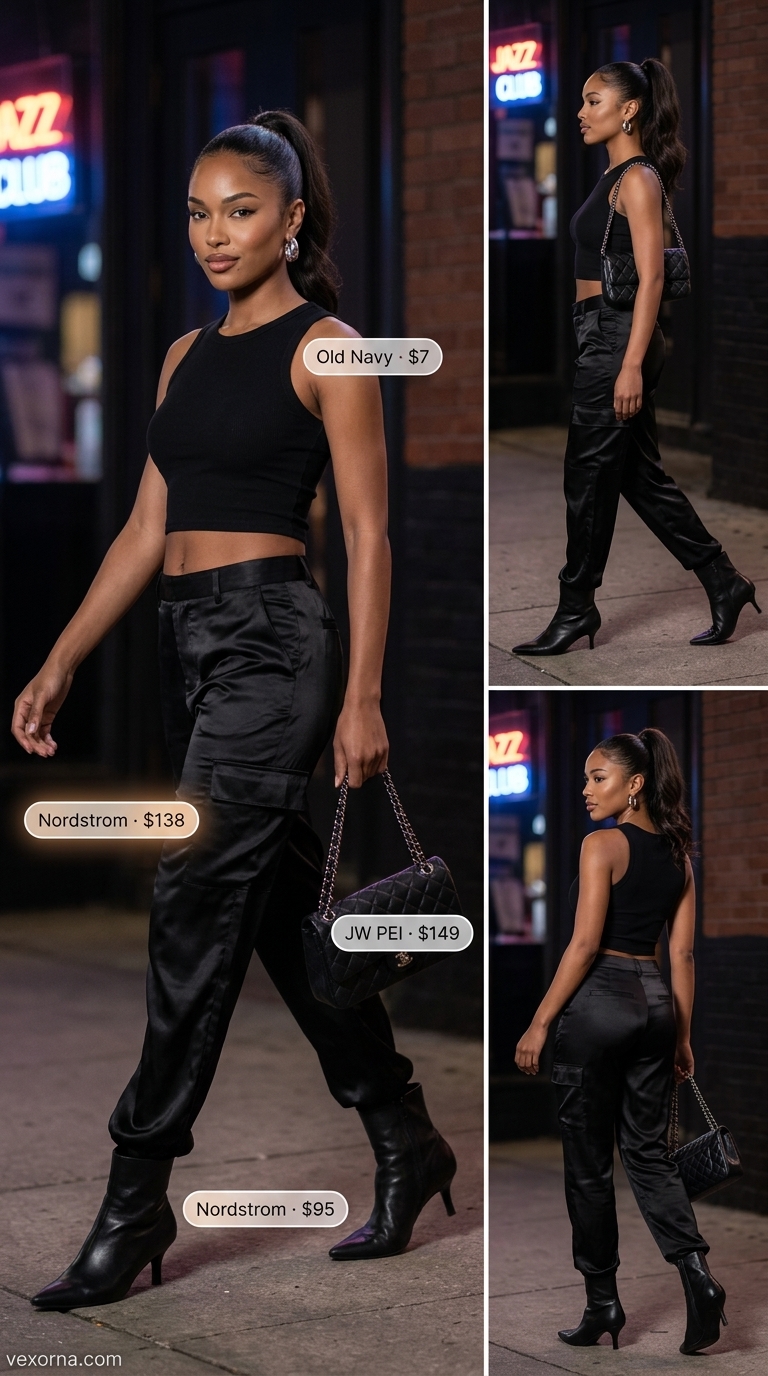 Summer Outfits Black Woman 2026: Black Satin Cargos Sleek black satin cargo pants for summer outfits black woman 2026. Edgy style for nights out or concerts.