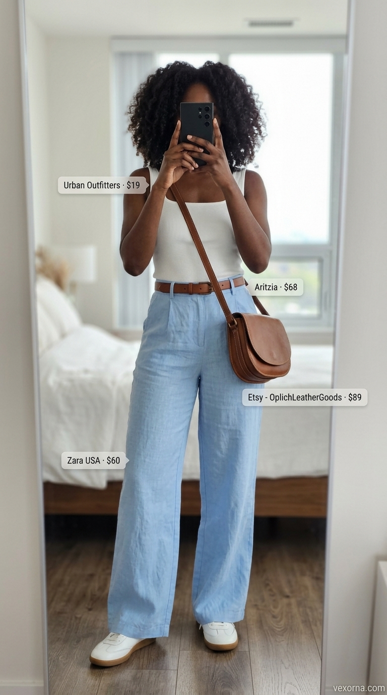 Eclectic Summer Outfits Black Woman 2026 Summer outfits black woman 2026: Sky blue linen trousers with white knit top and cowboy boots.