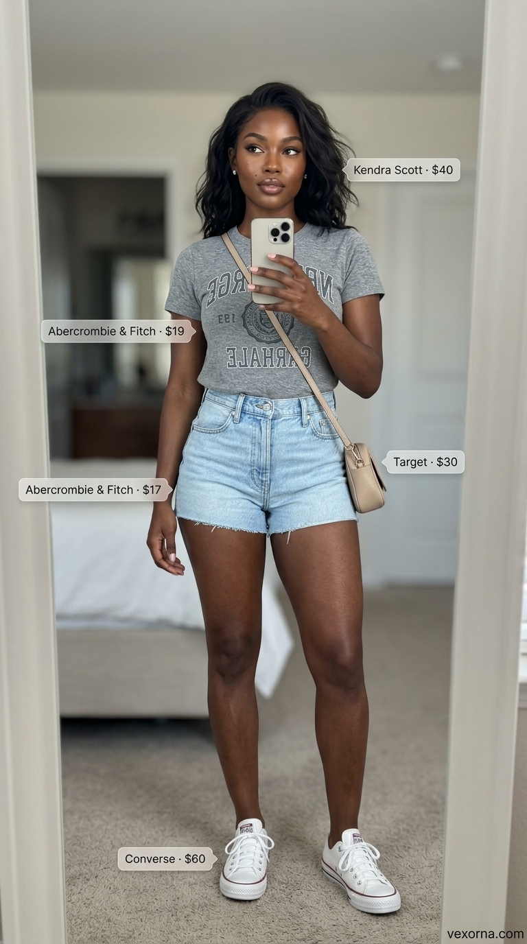 Summer Outfits Black Woman 2026: Casual Denim Shorts Casual summer outfits black woman 2026: Light wash denim shorts, grey graphic tee, white sneakers. Effortless everyday style.