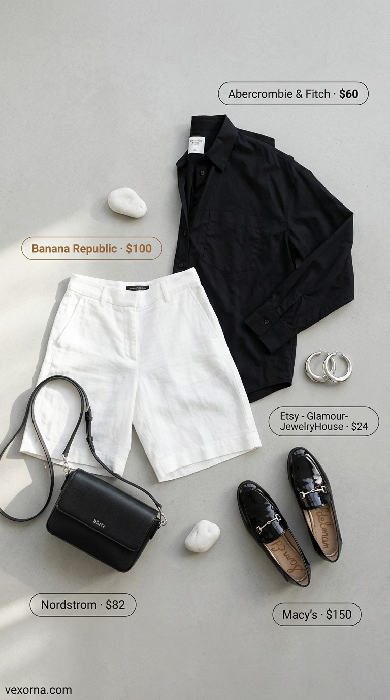 Polished City Safari Summer Outfits Black Woman 2026 Summer outfits black woman 2026: Black Bermuda shorts, white shirt, loafers & silver hoops.