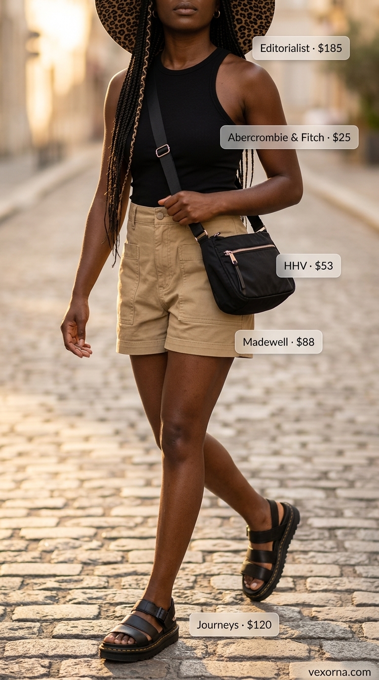 City Safari Chic Summer Outfits Black Woman 2026 Summer outfits black woman 2026: Khaki utility shorts, leopard hat, black top & sandals for city safari chic.