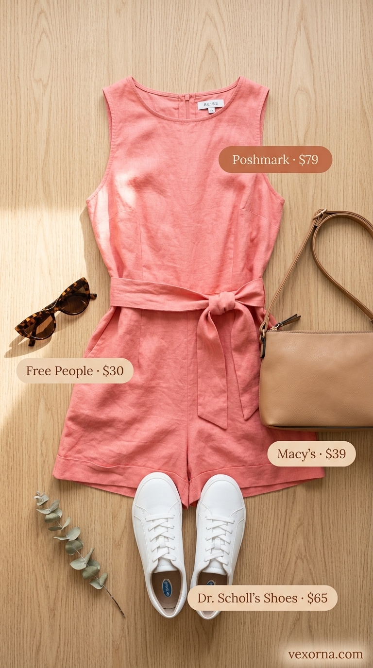 Summer Outfits Black Woman 2026: Coral Pink Romper Sweet coral pink linen romper for summer outfits black woman 2026. Ideal for brunch or casual day dates.