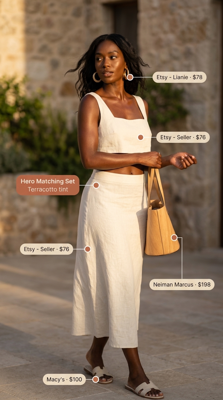 Summer Outfits Black Woman 2026: Cream Co-ord Set Elegant cream linen matching set for summer outfits black woman 2026. Features cropped top & maxi skirt, rattan bag, gold hoops.