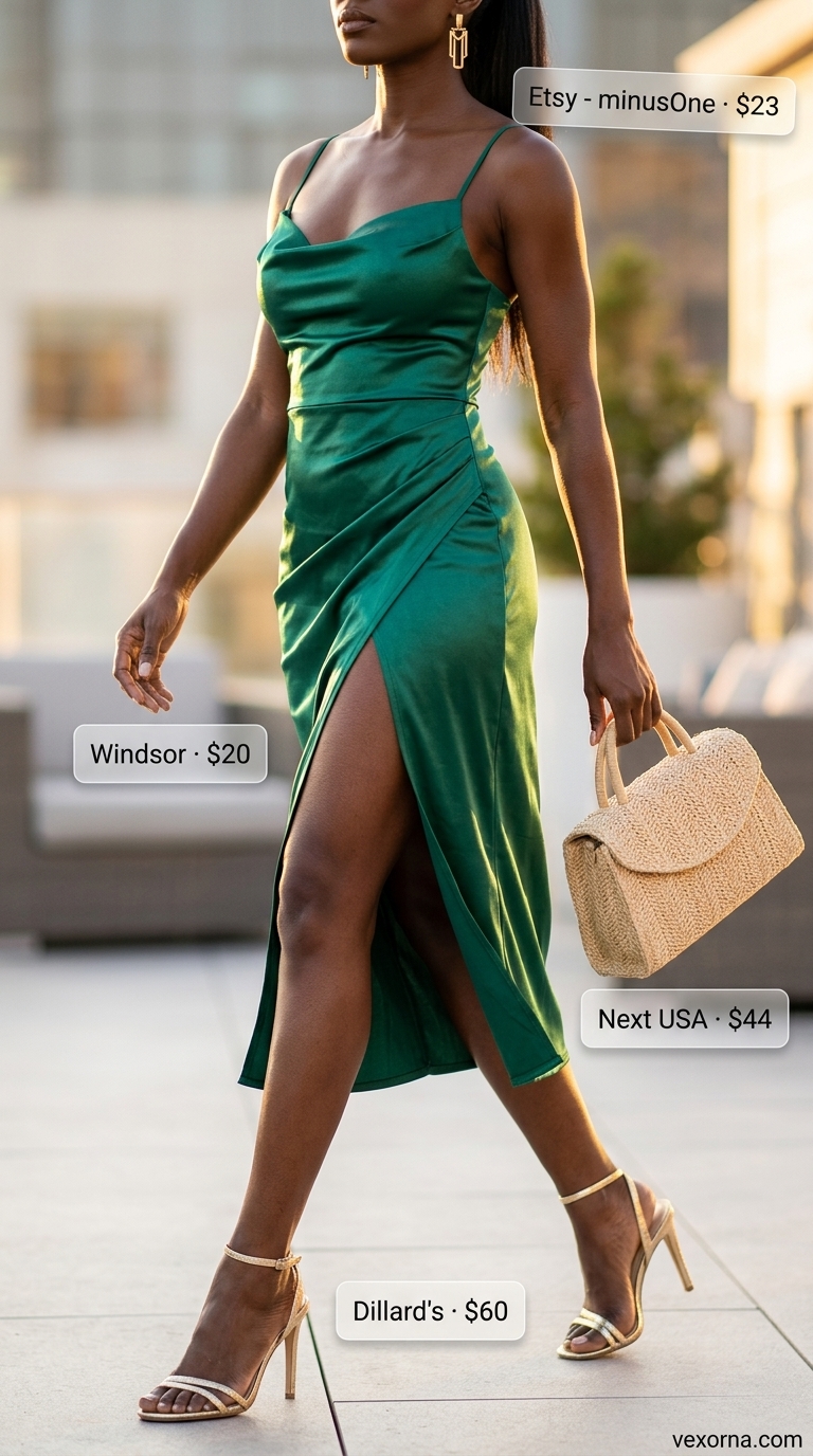 Summer Outfits Black Woman 2026: Emerald Satin Dress Glamorous emerald green satin dress for summer outfits black woman 2026. Perfect for vacation dinner or cocktail party.