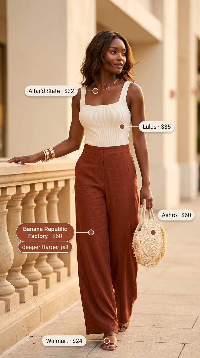 Sophisticated Summer Outfits Black Woman 2026 Summer outfits black woman 2026: Ivory linen pants with rust bodysuit and gold bangles for resort dinner.