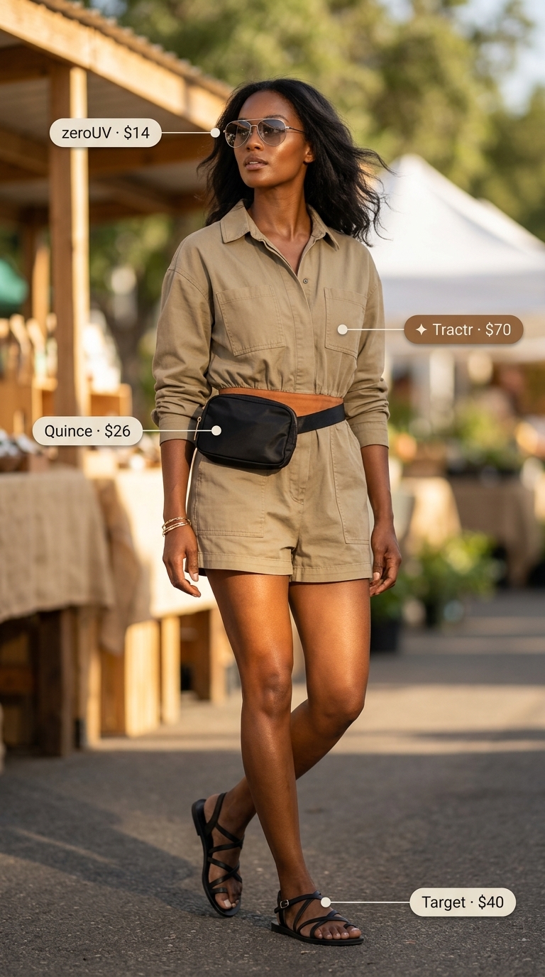 Khaki Explorer Romper Summer Outfits Black Woman 2026 Summer outfits black woman 2026: Khaki utility romper, chunky sandals, aviators & belt bag.