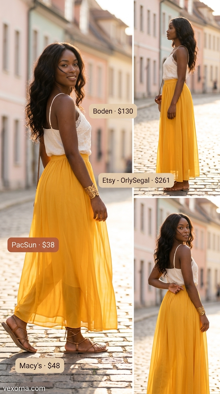 Boho Summer Outfits Black Woman 2026 Summer outfits black woman 2026: Boho marigold maxi skirt, ivory camisole, and bronze sandals for beach vacation.