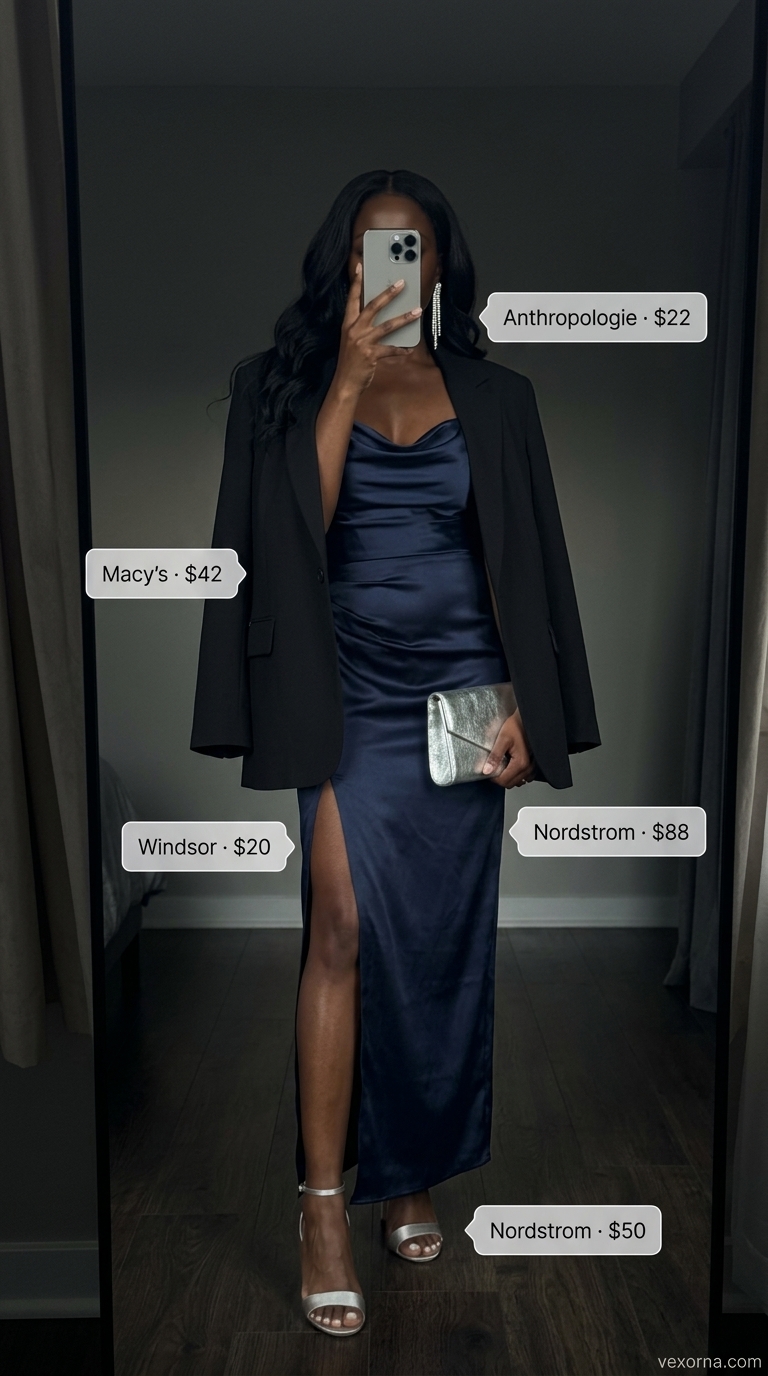 Midnight Garden Slip Summer Outfits Black Woman 2026 Summer outfits black woman 2026: Navy slip dress, black blazer, silver heels & clutch for date night.