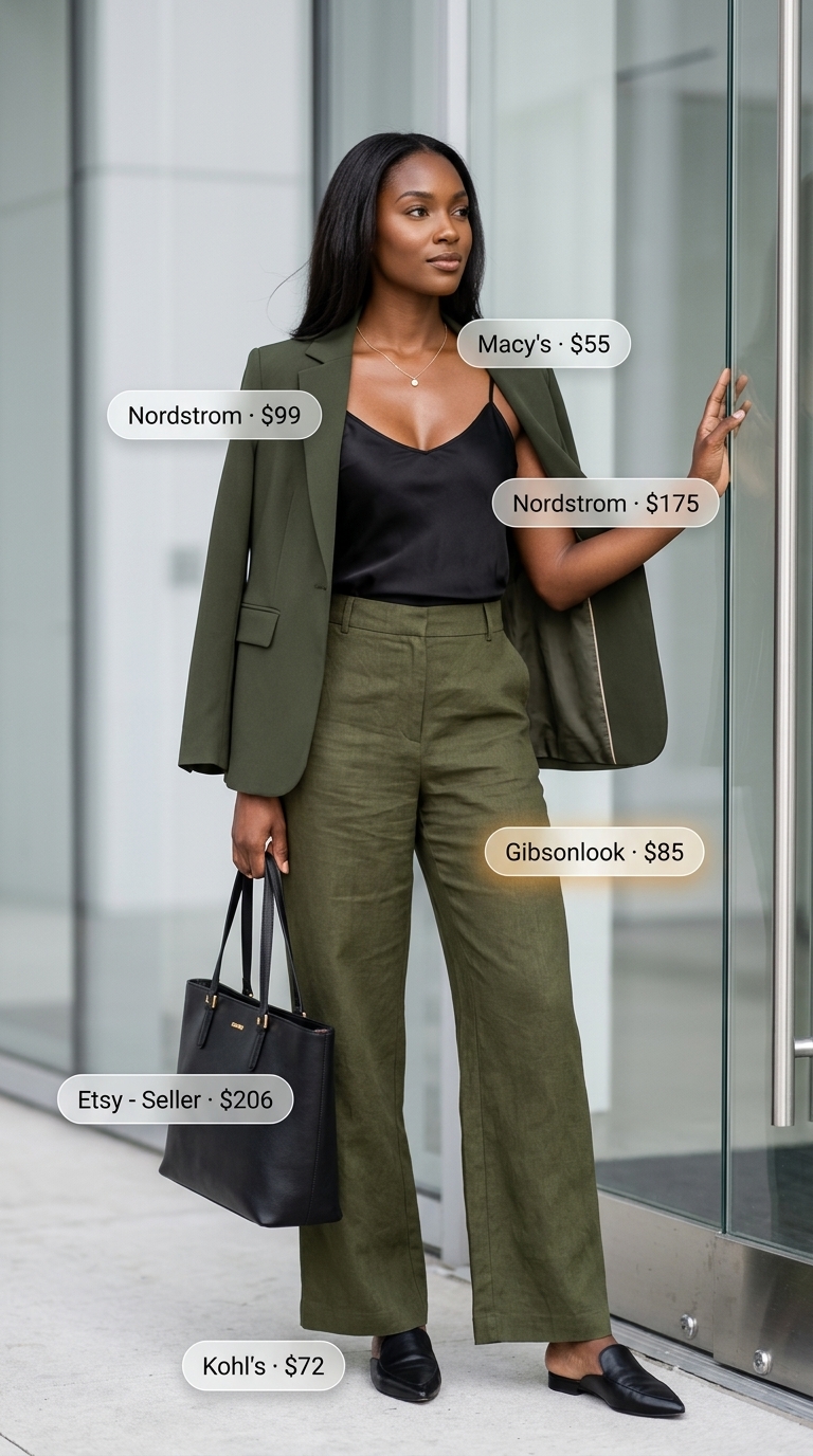 Olive Grove Office Day Summer Outfits Black Woman 2026 Summer outfits black woman 2026: Olive green trousers, black blazer, silk cami & mules for office.