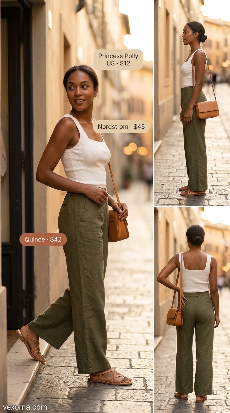 Summer Outfits Black Woman 2026: Olive Linen Pants Relaxed olive green linen pants for summer outfits black woman 2026. Effortless style for casual dinners or evenings out.