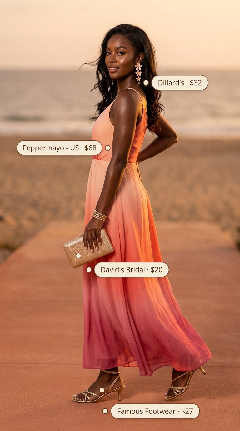 Sunset Siren Maxi Summer Outfits Black Woman 2026 Summer outfits black woman 2026: Ombre maxi dress, gold sandals, statement earrings & clutch.