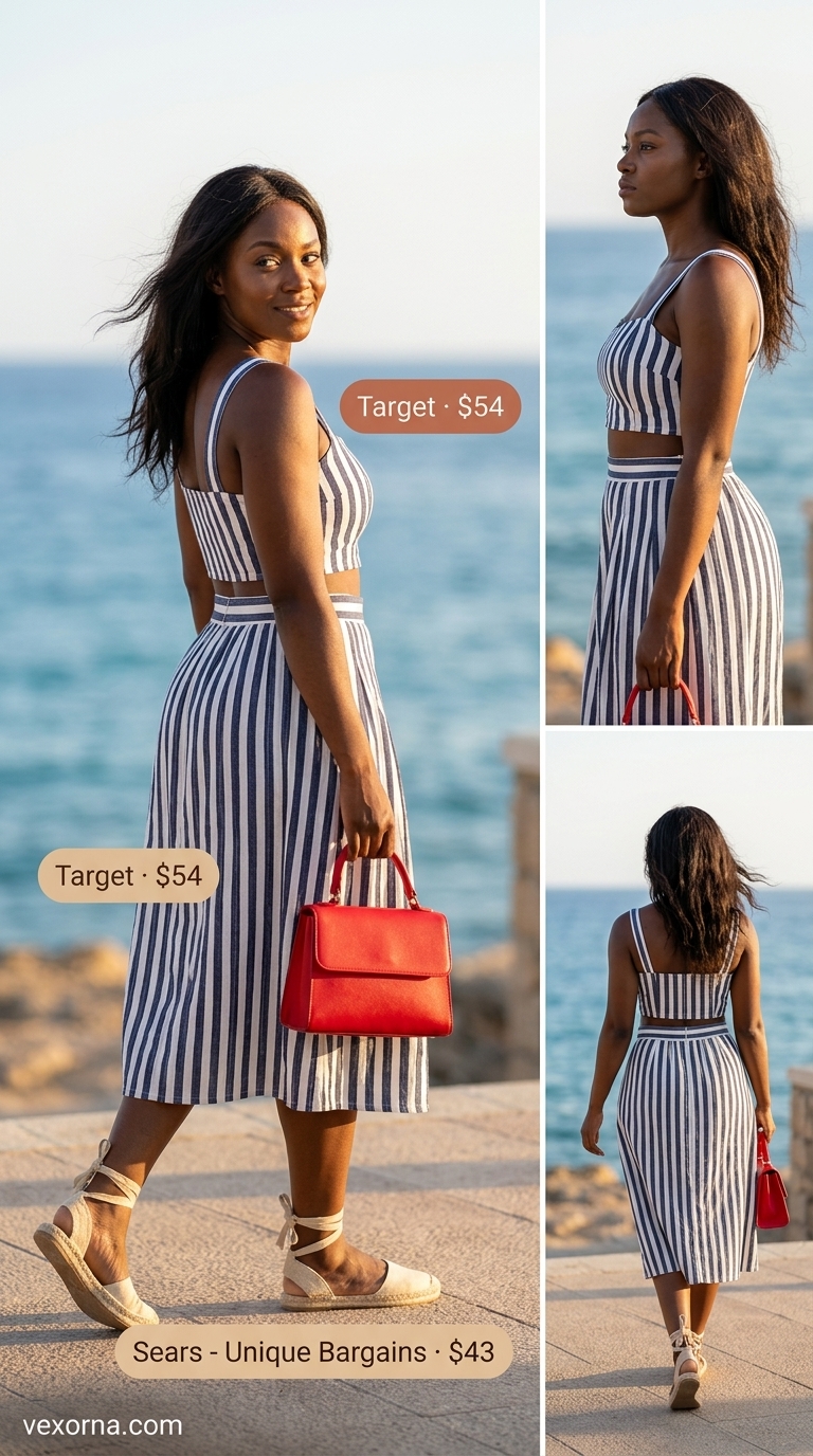 Summer Outfits Black Woman 2026: Riviera Knit Set Chic navy & white striped knit set for summer outfits black woman 2026. Perfect for vacation or summer lunch.