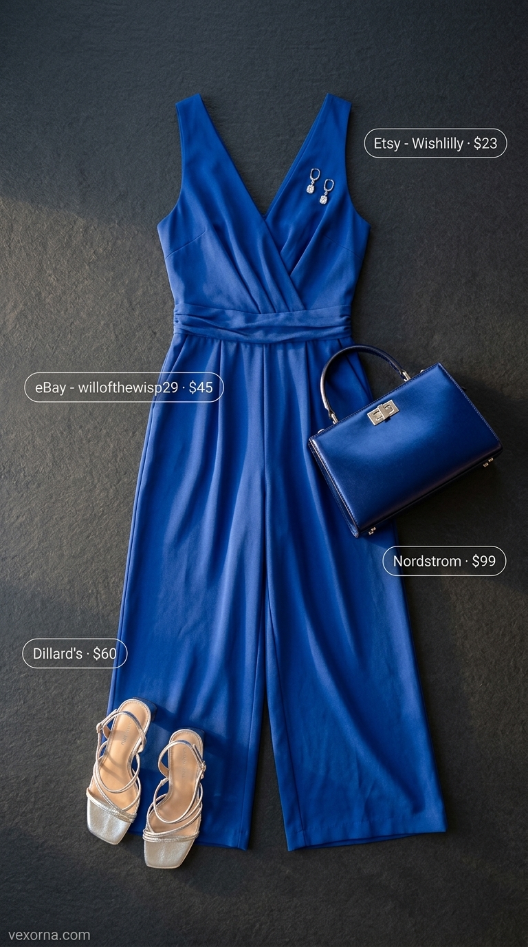 Midnight Blue Rendezvous Summer Outfits Black Woman 2026 Summer outfits black woman 2026: Royal blue jumpsuit, silver heels, mini bag & silver earrings.