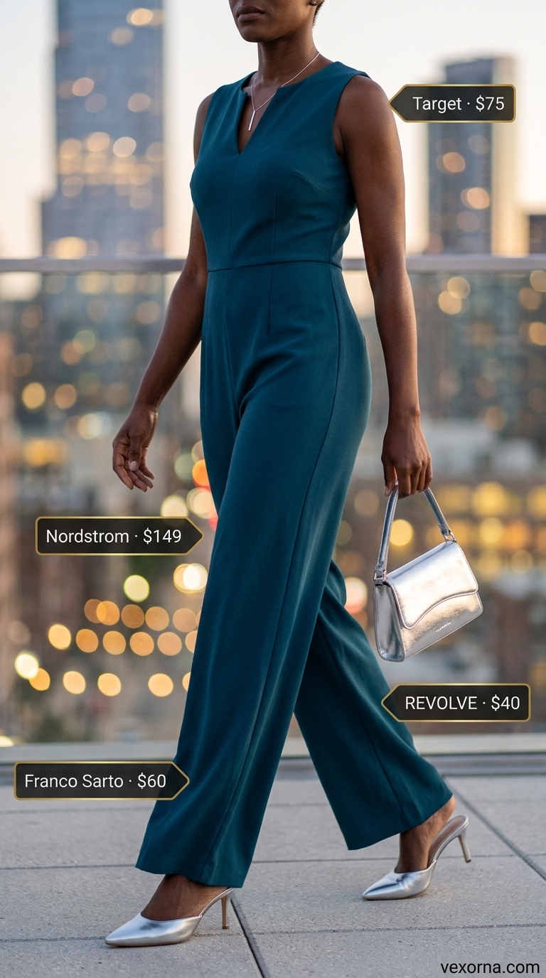 Sleek Summer Outfits Black Woman 2026 Summer outfits black woman 2026: Sleek deep teal jumpsuit with silver accessories for a rooftop party.