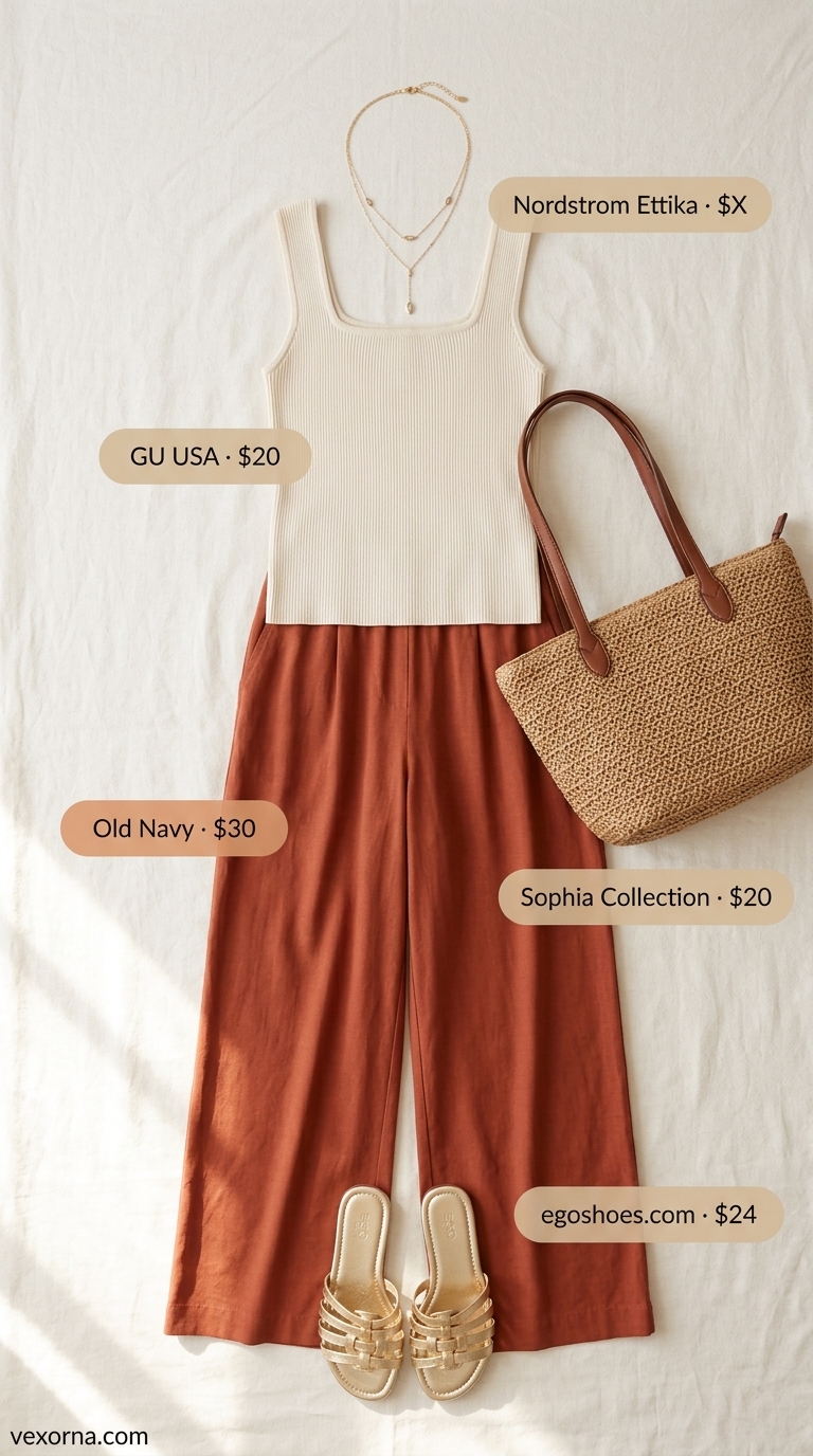 Terra Cotta Sunset Lounge Summer Outfits Black Woman 2026 Summer outfits black woman 2026: Terra cotta linen pants, cream tank, straw bag & gold sandals.