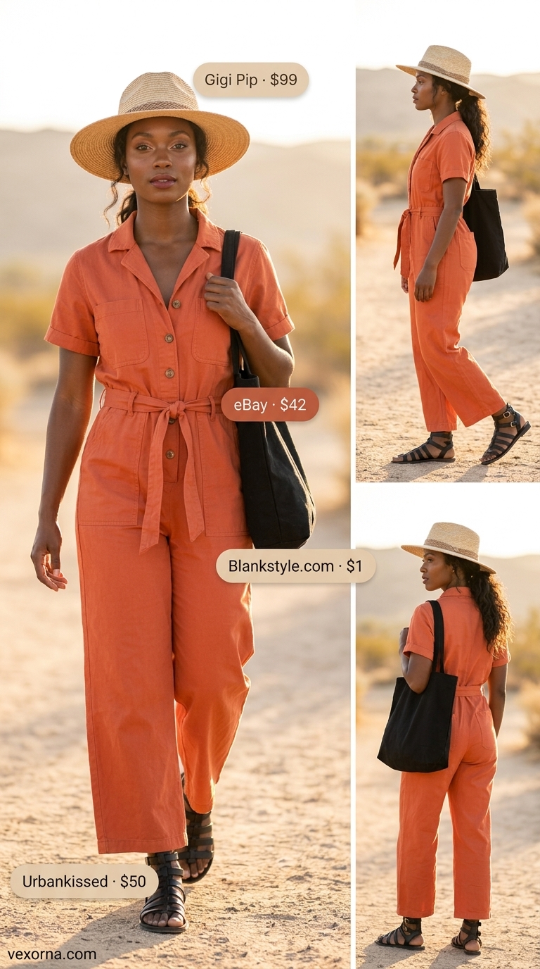 Casual Summer Outfits Black Woman 2026 Summer outfits black woman 2026: Terracotta utility jumpsuit with straw hat and canvas tote for casual day out.