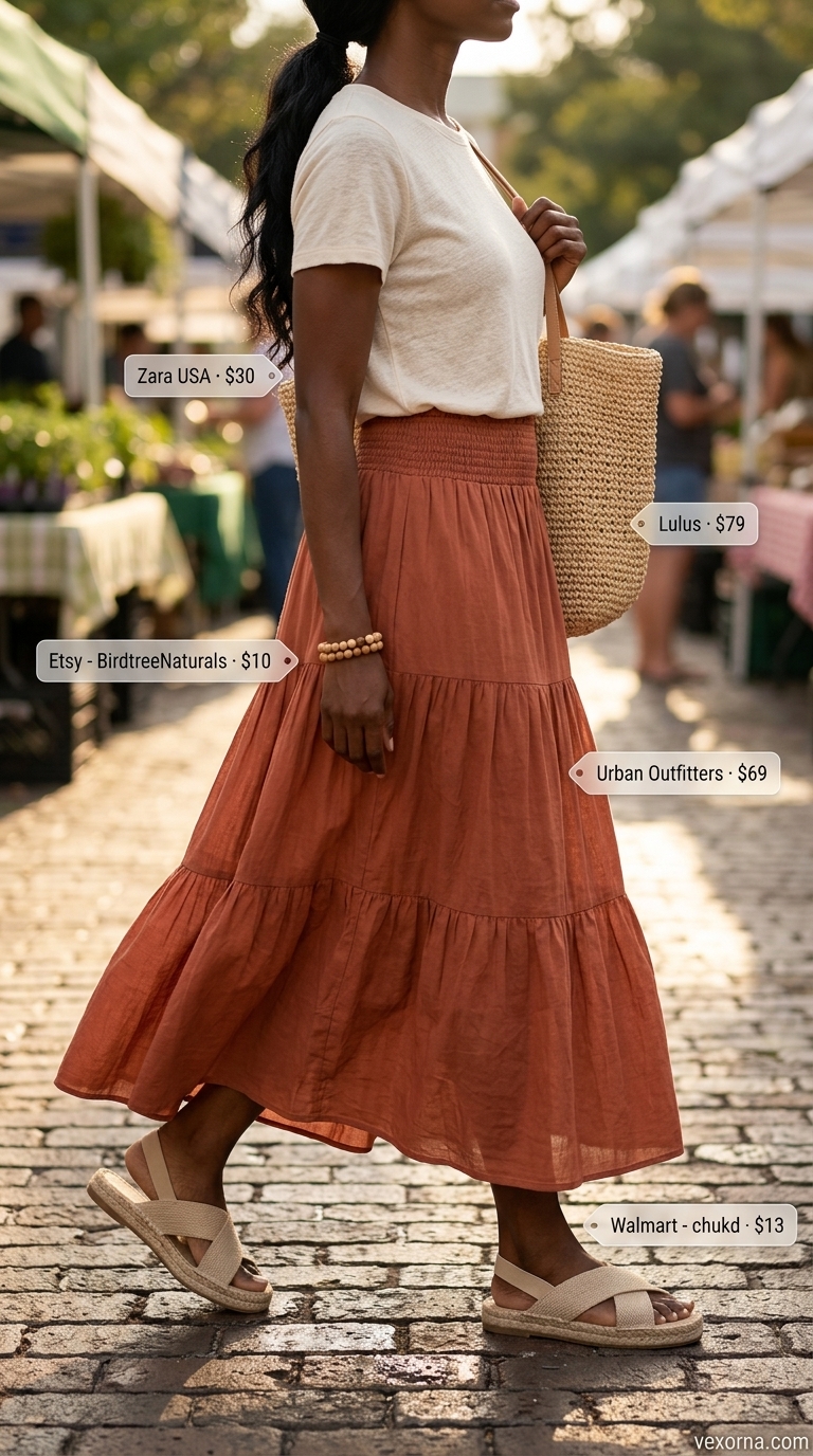 Weekend Wanderer Maxi Summer Outfits Black Woman 2026 Summer outfits black woman 2026: Terracotta maxi skirt, cream tee, espadrilles & boho bracelets.