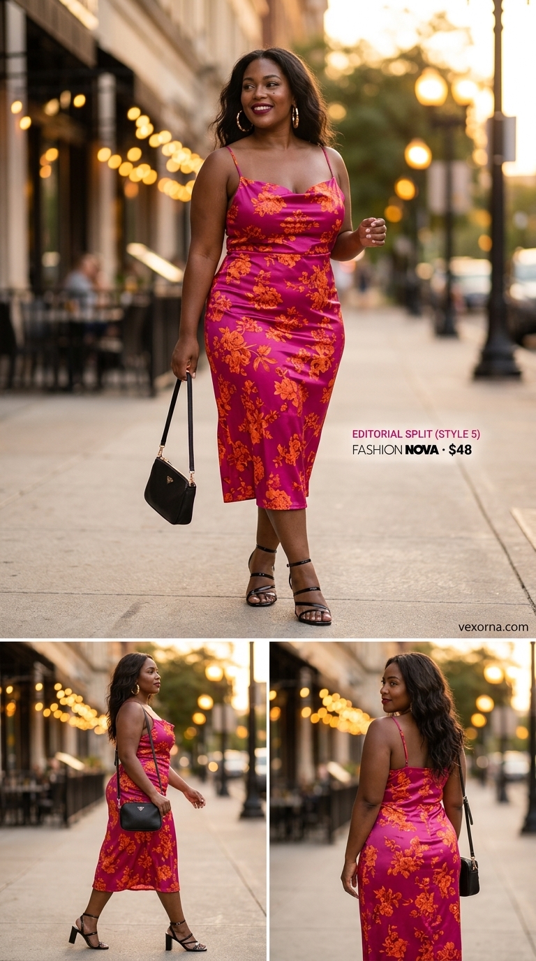 Vibrant fuchsia & orange floral midi dress for summer outfits black woman 2026. Perfect for date night or wedding guest.