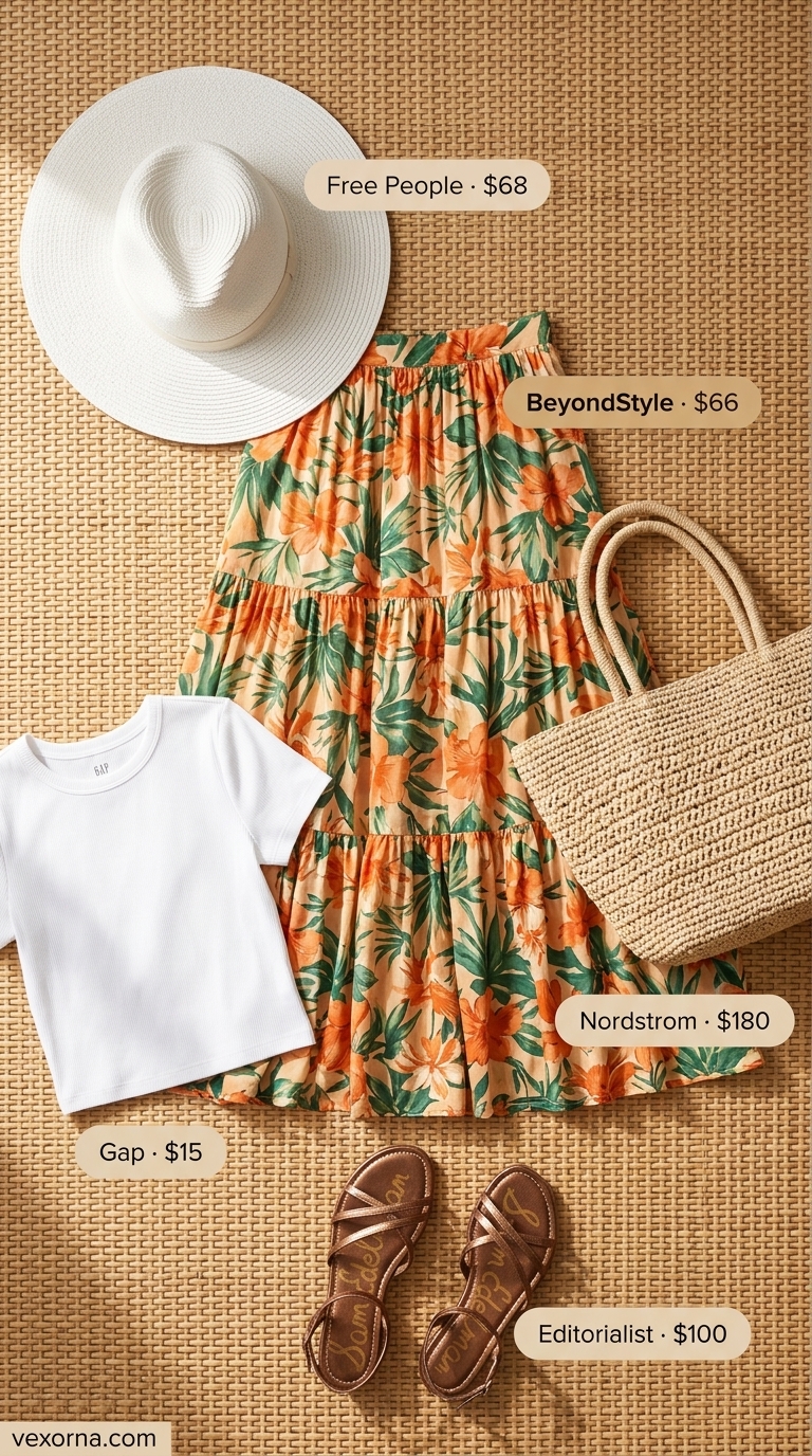Tropical Breeze Getaway Summer Outfits Black Woman 2026 Summer outfits black woman 2026: Tropical maxi skirt, white crop top, straw hat & sandals.