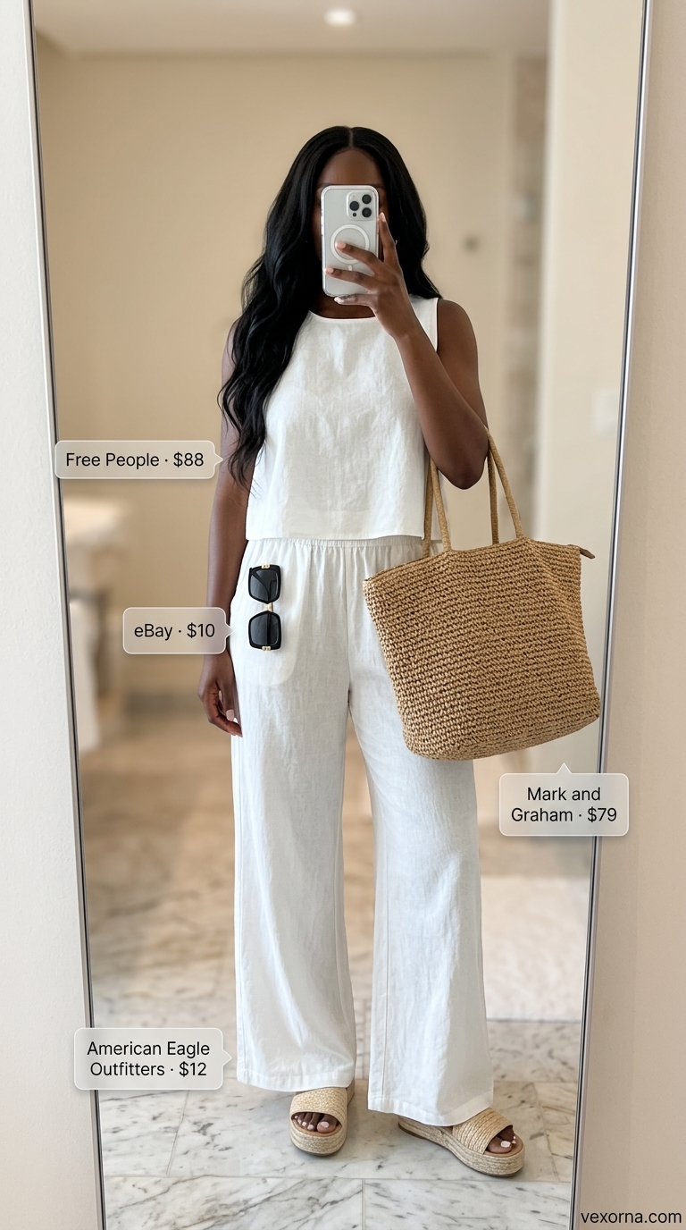 Resort Summer Outfits Black Woman 2026 Summer outfits black woman 2026: Crisp white linen set with gold jewelry for resort lunch.