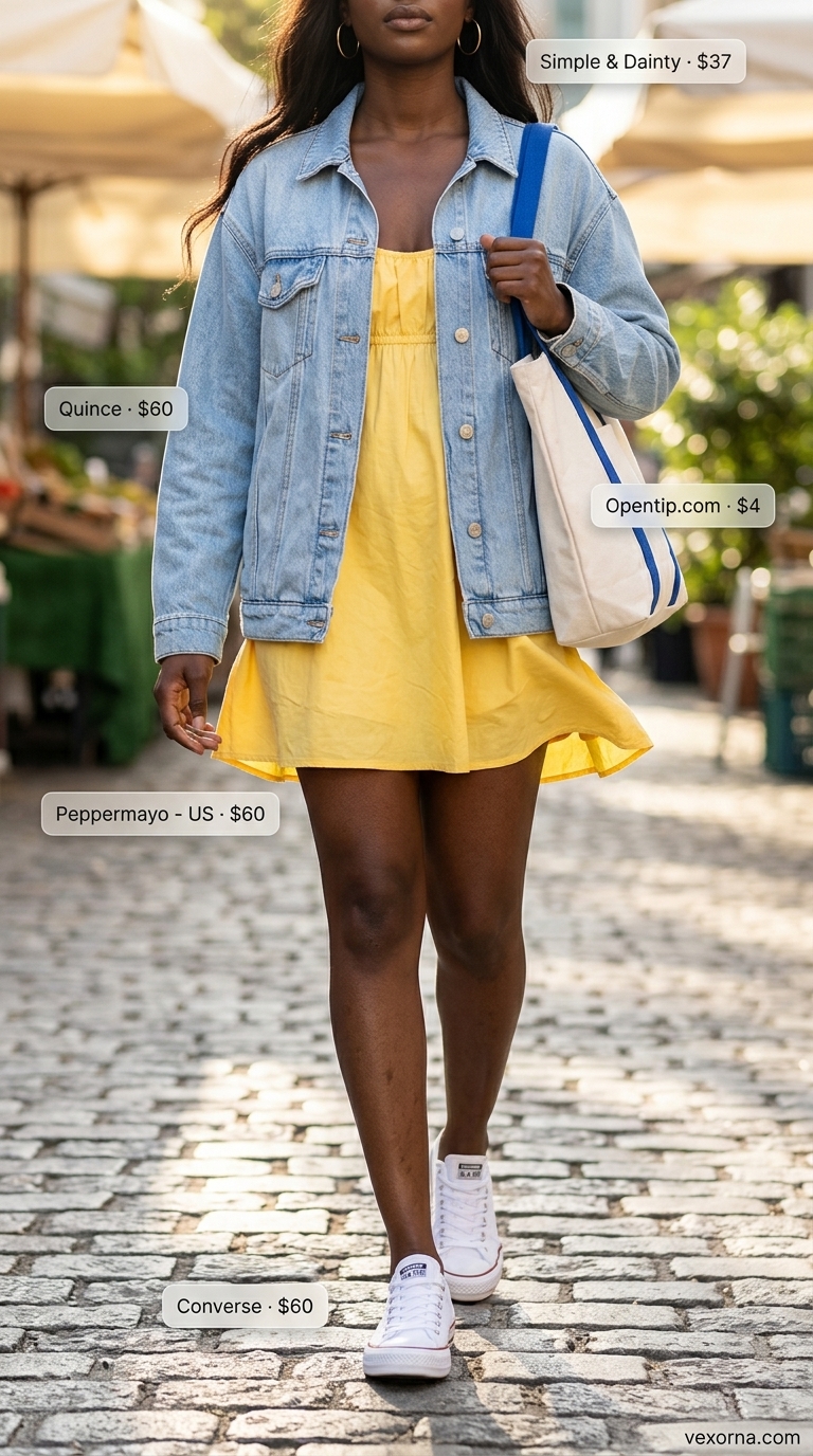Cheerful Summer Outfits Black Woman 2026 Summer outfits black woman 2026: Yellow sundress with denim jacket and white sneakers for casual day.