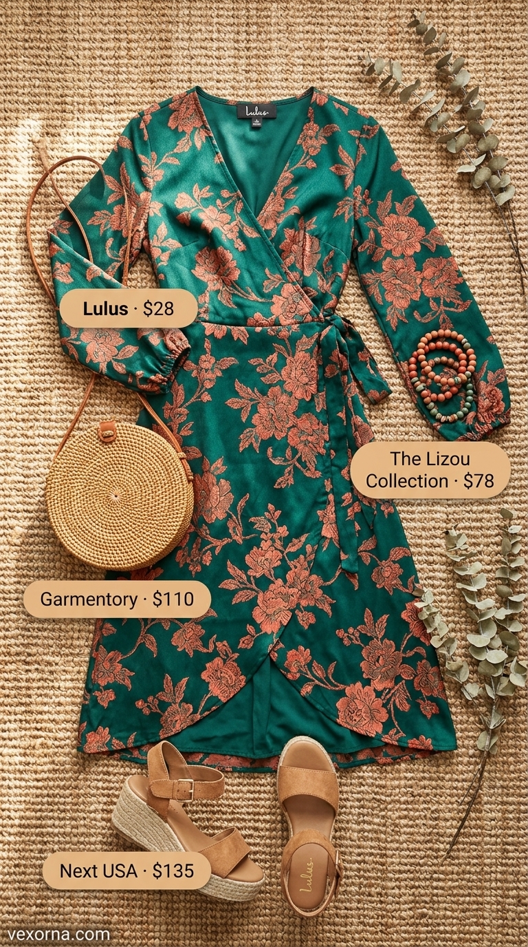 Bohemian Summer Outfits for Women 2026 Bohemian summer outfits for women 2026: Emerald green floral midi wrap dress, rattan bag, espadrille wedges for garden party.