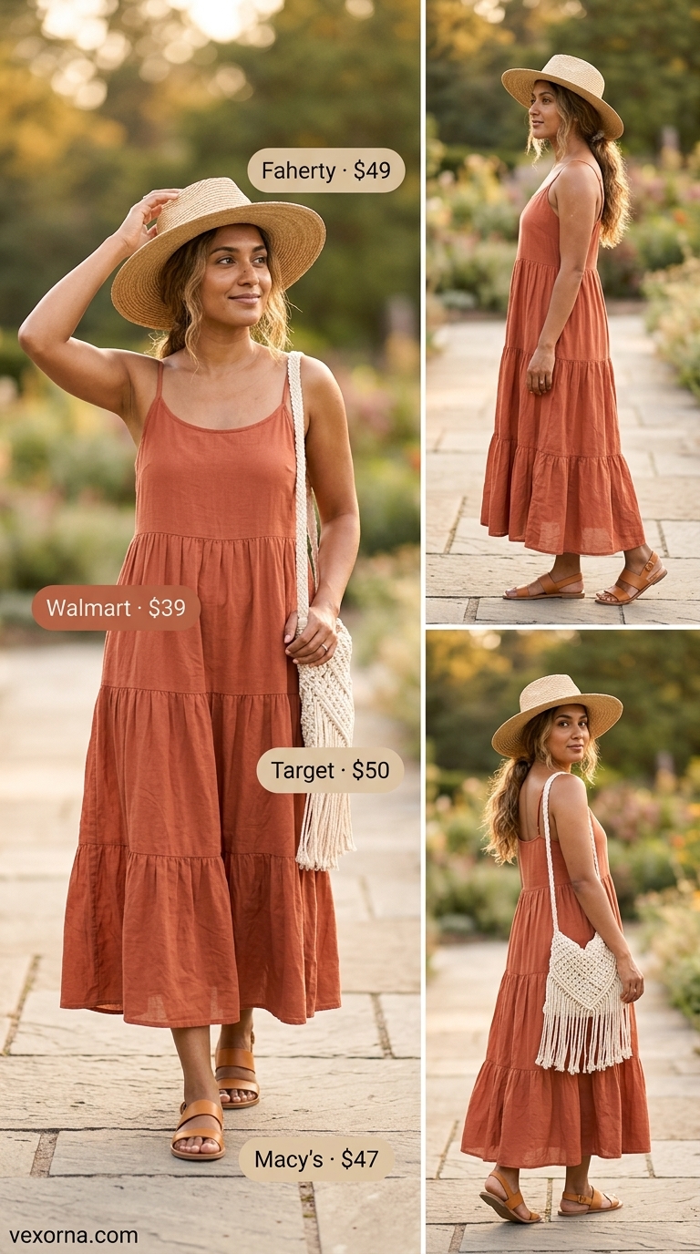 Bohemian Garden Party Summer Outfits 2026 Earthy summer outfits for women 2026: Terracotta print maxi dress, straw hat, espadrille sandals for garden party.
