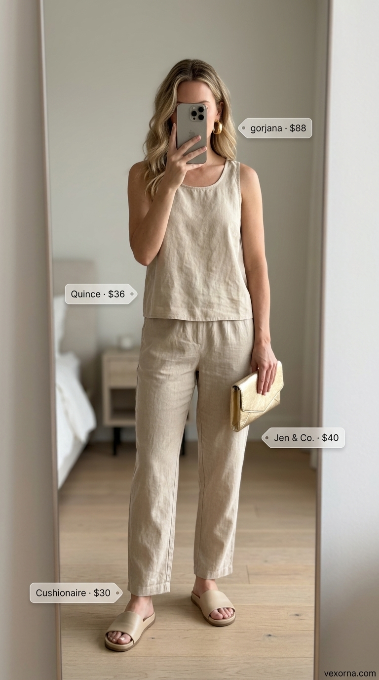 Chic Summer Outfits for Women 2026 Sand beige linen co-ord set for city chic summer outfits for women 2026. Styled with black slides.