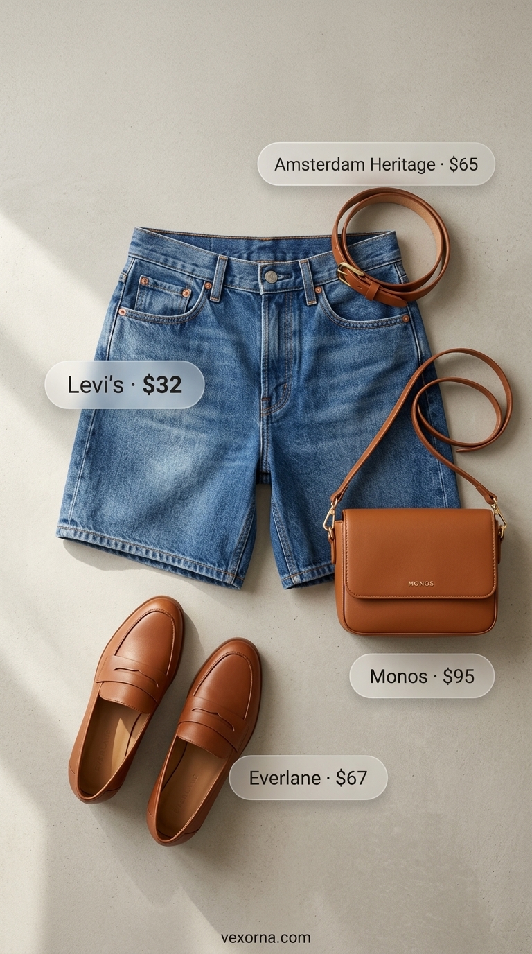 City Break Summer Outfits 2026 Smart casual summer outfits for women 2026: White shirt, denim shorts, loafers for city sightseeing.