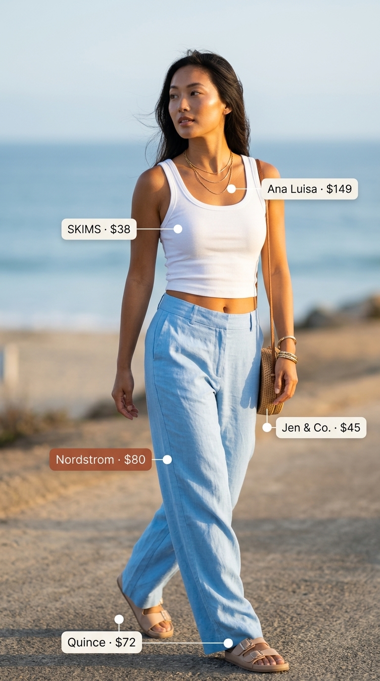 Coastal Summer Outfits for Women 2026 White linen pants and sky blue crochet top for coastal breeze brunch summer outfits for women 2026.