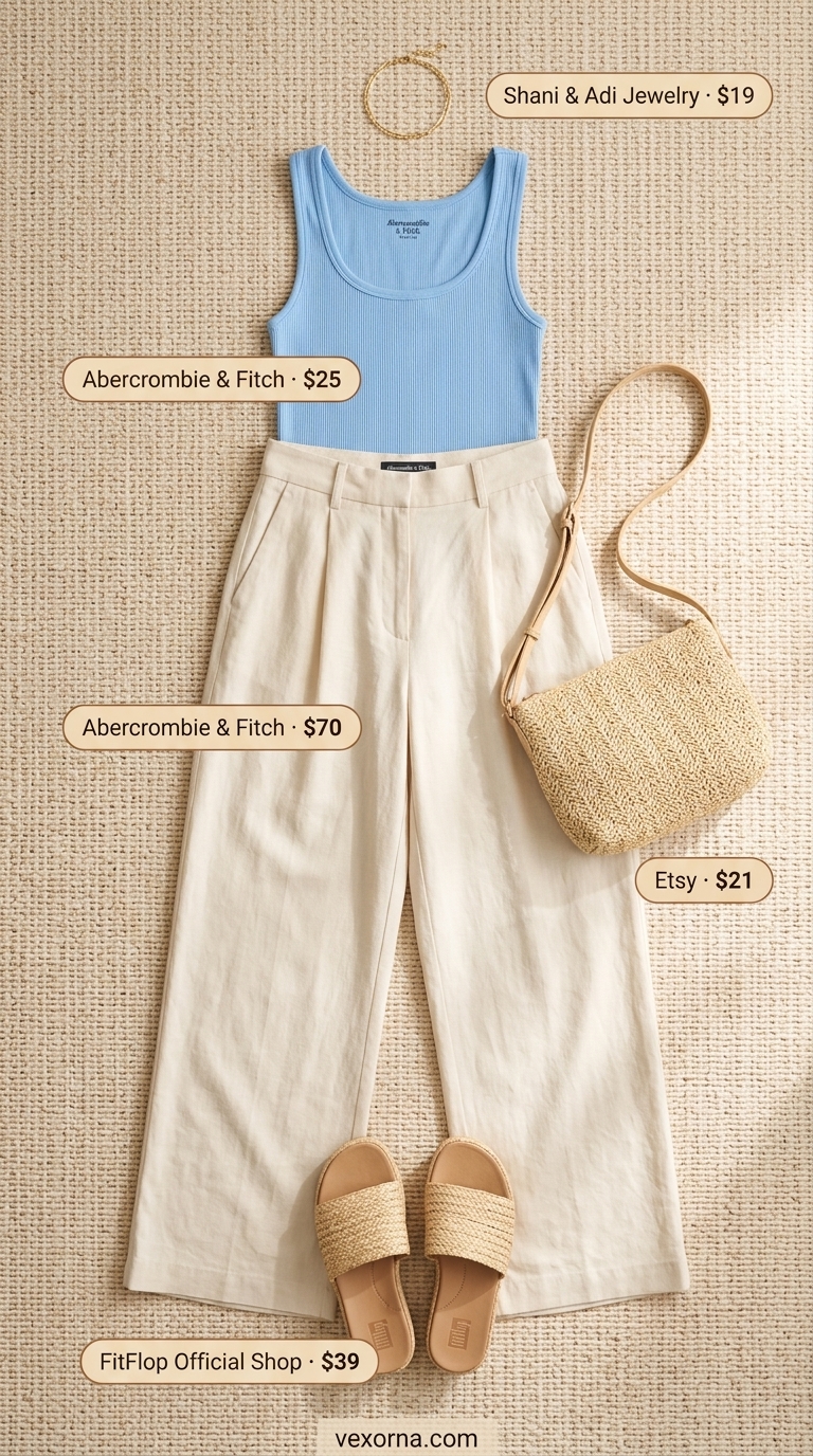 Coastal Breeze Summer Outfits 2026 Effortless summer outfits for women 2026: Sky blue linen pants, cream tank, straw bag for coastal brunch.