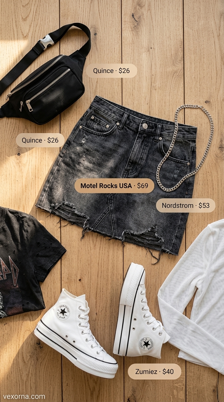 Festival Fun Summer Outfits 2026 Edgy summer outfits for women 2026: Distressed denim skirt, graphic tee, platform sneakers for festival.