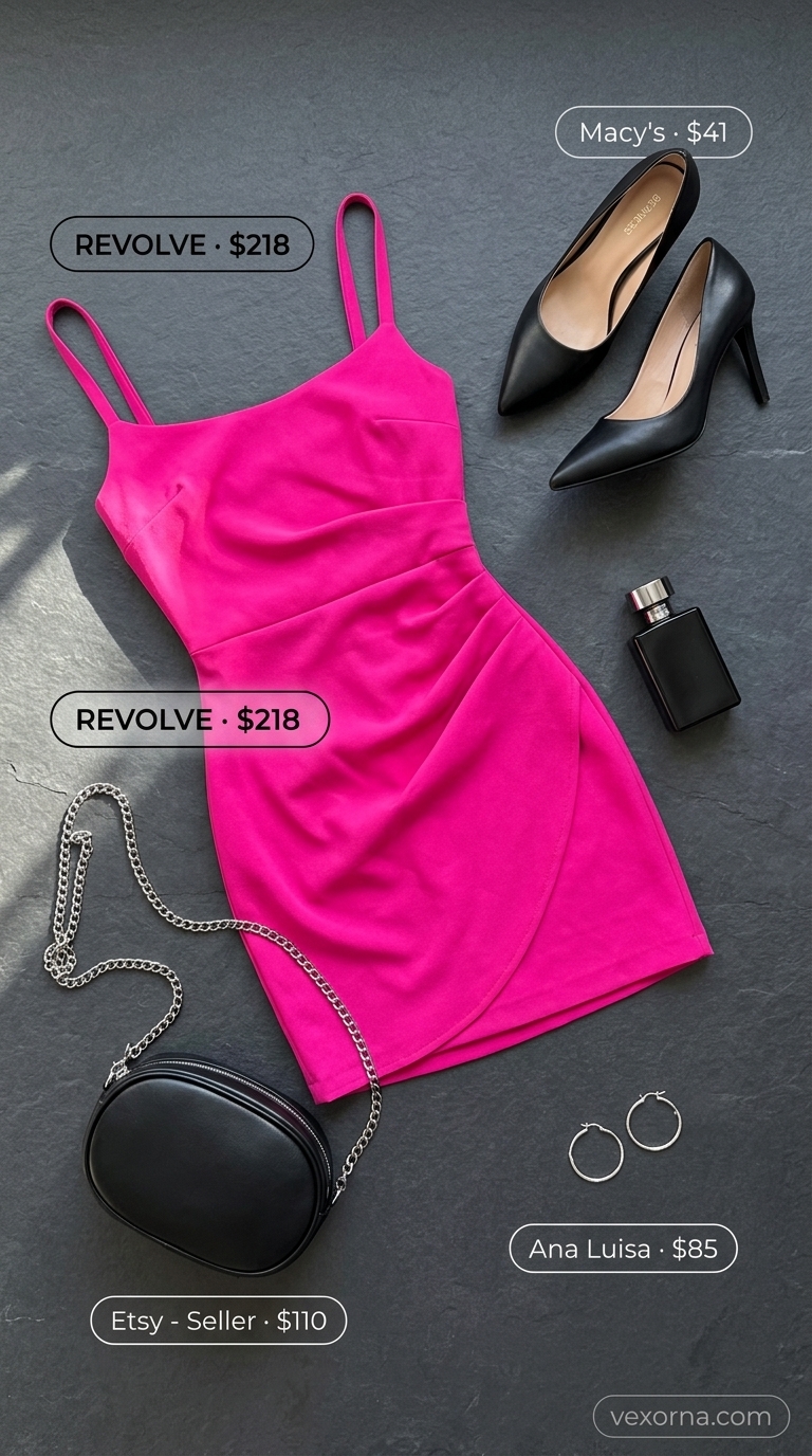 Vibrant Night Out Summer Outfits for Women 2026 Chic summer outfits for women 2026: Fuchsia mini dress, silver heels & hoop earrings.