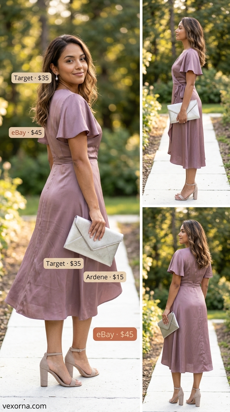 Riviera Romance Summer Outfits for Women 2026 Elegant summer outfits for women 2026: Lavender wrap dress, silver heels & pearl earrings.